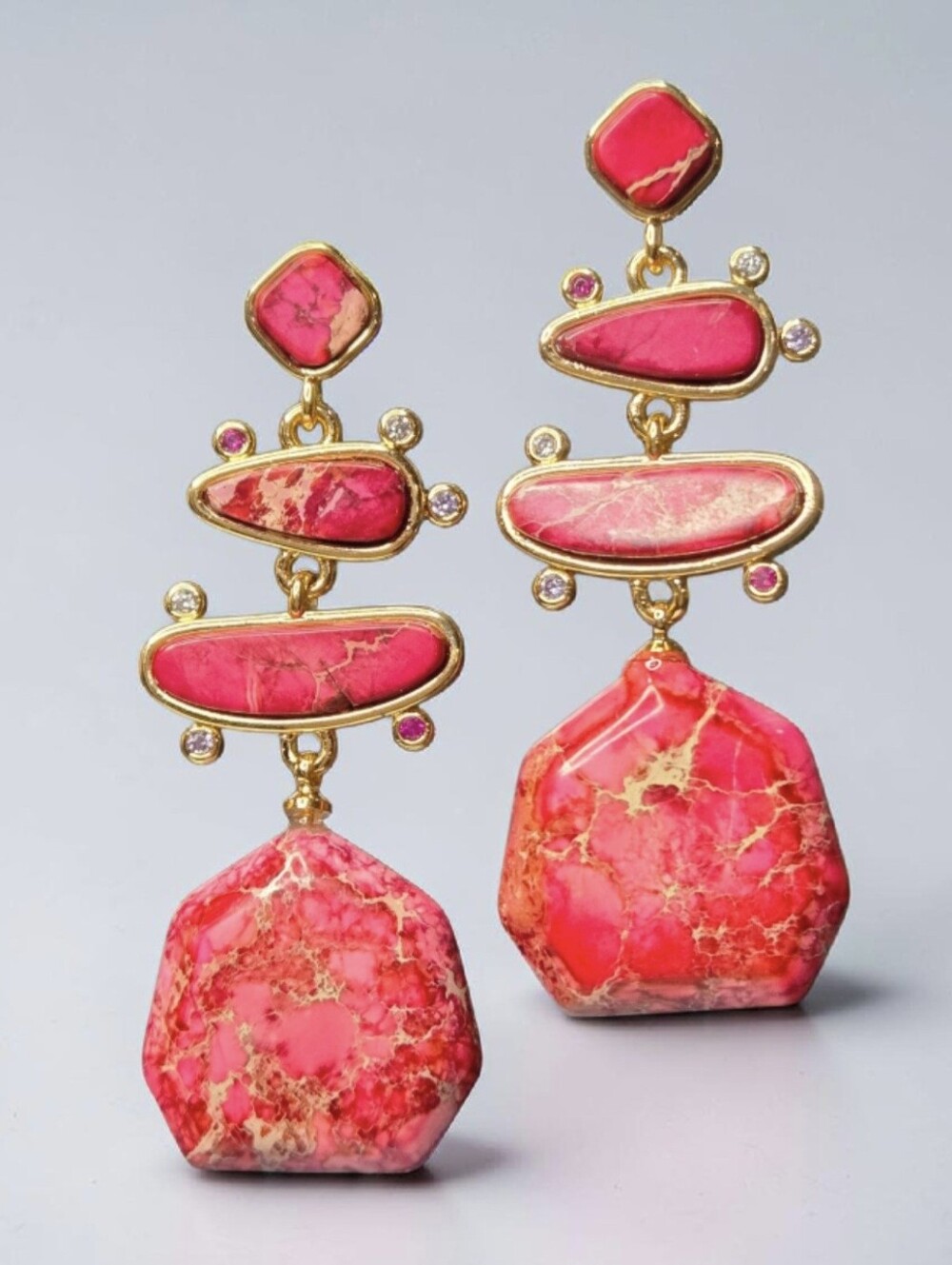 18k Gold Plated Pink Jasper Stone Crystal Dangle Earrings